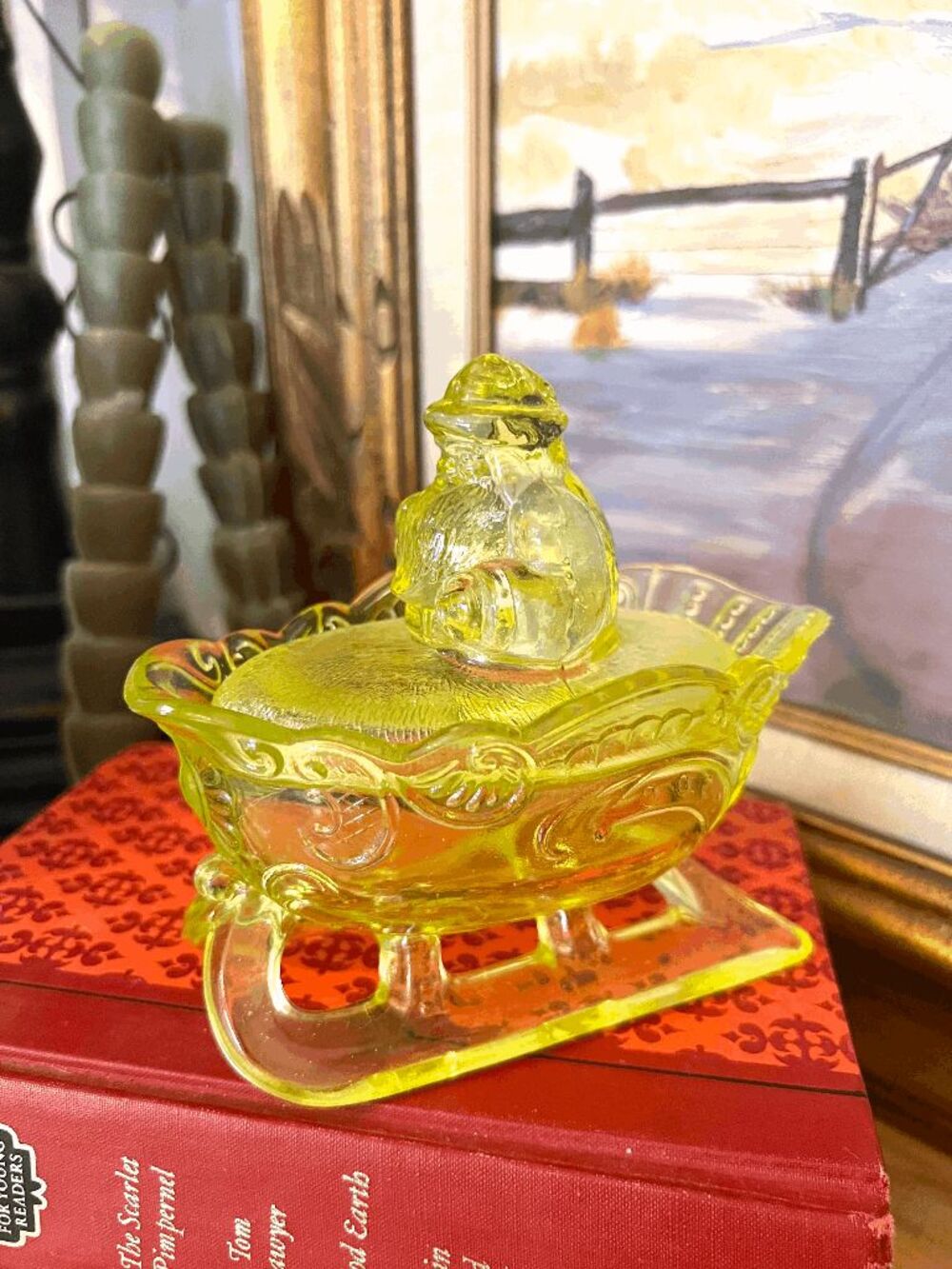 Westmoreland Vaseline Glass Santa Sleigh Covered Candy Dish – Christmas Holiday